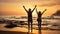 Silhouette of happy travellers raising arms up enjoying life on the beach at sunset