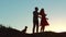 Silhouette of a happy young married couple and dog slow dancing outside at sunset. slow motion video. man and girl