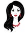 Silhouette of a head of a sweet lady. The girl has a hairstyle with beautiful long hair, red beads and earrings. The woman is