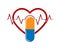 Silhouette of the heart with the ECG and capsule medicines, a flat image