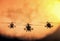 Silhouette of helicopter, soldiers rescue helicopter operations on sunset sky background. Copter in smog. 3D