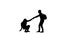 Silhouette of helping hand between two climber. Two hikers, a man helps a woman to climb.