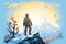 silhouette of a hiker atop a snowy peak, sunrise in the background