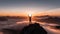 Silhouette of a hiker standing and raise his hands on the top of mountain with a morning sky and sunrise and enjoys the moment of
