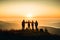 Silhouette of the hiking male and female hikers climbing up mountain, in winner pose, teamwork concept