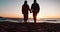 Silhouette, holding hands and sunset with couple at beach for travel, summer vacation and romance. Relax, love and