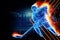 Silhouette of a hologram of a hockey player on fire on a dark background. The concept of sports, speed, sports betting. 3D