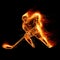 Silhouette of a hologram of a hockey player on fire on a dark background. The concept of sports, speed, sports betting. 3D