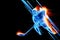 Silhouette of a hologram of a hockey player on fire on a dark background. The concept of sports, speed, sports betting. 3D