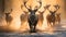 Silhouette of horned stag grazing in winter forest at sunrise generated by AI