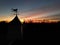 Silhouette of horse weathervanes on cupolas and trees against the orange-red sky at the sunset