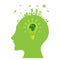 Silhouette of a human head with lightbulb inside. Earth day. Think green. Green city with renewable energy sources.