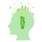 Silhouette of a human head with low energy lightbulb inside. Think green. Green city with renewable energy sources