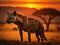 Silhouette of a hyena against a bright sunset on the African plains