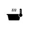 Silhouette icon of baking in oven, reheat food. Dish or pan with thermometer and hot steam. Black simple illustration of cooking