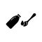 Silhouette icon set of syrup bottle, drop, measuring spoon. Outline image for instruction, medication schedule, packaging. Black