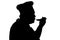 Silhouette illustration of a chief-cooker with spoon, cooker tasting dish on a white isolated background, profile of a male in hat