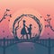 silhouette illustration of romantic couple have proposal of marriage.