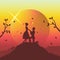 silhouette illustration of romantic couple have proposal of marriage on the cliff