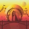 silhouette illustration of romantic couple kissing on the bridge