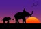 Silhouette image Black elephant with Elephant mahout walking with mountain and sunset background Evening light vector Illustration