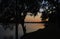 Silhouette image of cowboy leaning against tree at sunset.