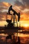 silhouette of industrial oil pump at sunset, fuel rig derrick, energy and power supply concept