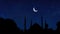 Silhouette islamic mosque with background of blurred starry sky night and crescent moon