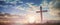 Silhouette jesus christ crucifix on cross on calvary sunset background concept for good friday he is risen in easter day, good