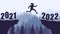 Silhouette of jumping woman over chasm between cliffs on background of forest. Transition from 2021 to 2022, new year. Vector