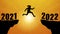 Silhouette of jumping woman over chasm between mountains. Transition from 2021 to 2022, new year. Vector illustration
