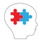 Silhouette of kid, child, person with puzzle in head. Relationship of left and right hemisphere, thinking system. Vector