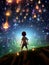 Silhouette of a Kid with a Magical Lantern in a Magic World AI Generated Illustration for Kids