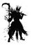 The silhouette of a knight standing with paired swords, makes a pointing gesture with his blade, on his head he has a spiked crown