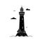 Silhouette lighthouse on island in sea with clouds and waves