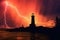 silhouette of lighthouse with lightning storm in background