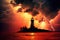 silhouette of lighthouse with lightning storm in background