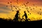 Silhouette little boy and little girl riding bike look to flock of lesser whistling duck flying on sunset