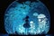 Silhouette of a little girl in a glass aquarium with jellyfish