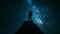 A silhouette of a lone adventurer standing on top of a mountain peak gazing up at the vast expanse of stars above. The