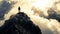 The silhouette of a lone hiker atop a rocky mountain peak framed by a vast expanse of backlit clouds