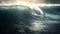 Silhouette of lone person surfing large wave with copy space