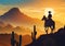 silhouette of a lonely cowboy riding a horse with sunset background