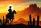 silhouette of a lonely cowboy riding a horse with sunset background