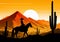 silhouette of a lonely cowboy riding a horse with sunset background