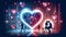 Silhouette of lovers couple on cybernet background. Cyberlove. Valentine& x27;s day