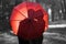 Silhouette of lovers kissing under a umbrella on a blurred background