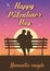 Silhouette loving couple on the bench at night. Happy Valentines Day poster