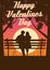 Silhouette loving couple on the bench at night. Happy Valentines Day poster