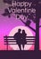 Silhouette loving couple on the bench at night. Happy Valentines Day poster